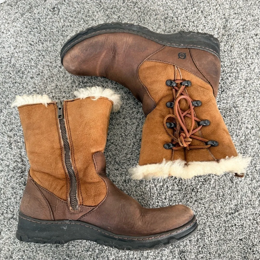 Born Masa Brown Leather Boots Shearling Lining Lamb Fur Comfort SideZip Women 9